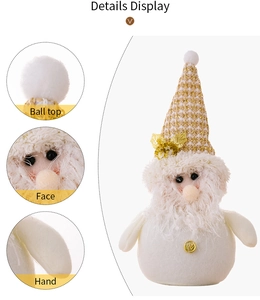 Detailed views of Christmas snowman plush doll showing hat pompom, face and hand details