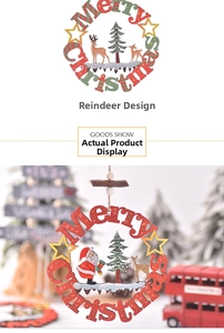 Detail view of wooden Merry Christmas hanging sign with reindeer and Santa motifs