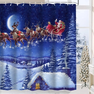 Detail showing Santa Claus and reindeer sleigh print on waterproof Christmas shower curtain