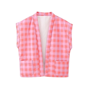 Detailed flat lay of a pink plaid sleeveless vest with functional front patch pockets