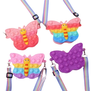 Butterfly Pop It silicone crossbody bags in four colors with rainbow straps for girls