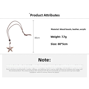 Detailed size specifications for leather starfish necklace with wood and acrylic beads