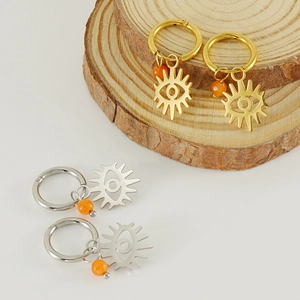 Titanium steel evil eye hoop earrings in gold and silver finish with orange beads