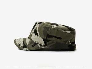 Side view of military camo flat top cap with woodland pattern and durable canvas fabric