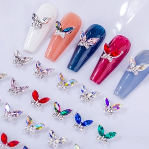 3D butterfly nail charms with colorful crystals and pearls for DIY manicure art