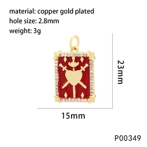 Square red enamel heart pendant with swords and zircon inlay for DIY jewelry making