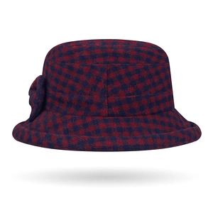 Elegant red and blue plaid wool bucket hat for women with side bow detail and warm lining