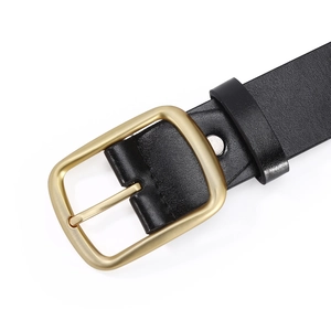 Men's black faux leather belt with a matte gold square buckle shown from 45-degree angle