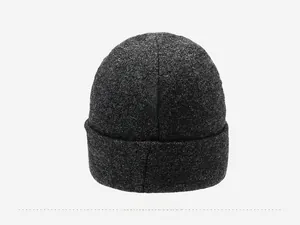 Detailed back view of a dark grey knit beanie featuring a thick textured wool blend fabric