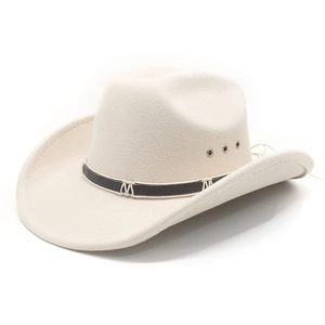 Breathable cream wool felt western cowboy hat with brown leather band and wide brim