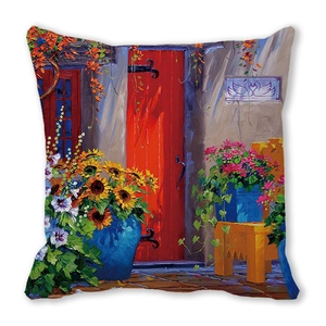 Detail of oil painting style Christmas tree and floral print on peach skin pillowcase