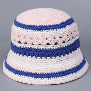 Detail showing pink, blue and white crochet knit texture on a summer bucket hat