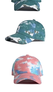 Detailed views of cotton tie-dye baseball caps in vibrant green and pink colorways