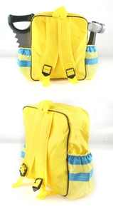 Detail of yellow toy firefighter backpack for kids with plastic tools and adjustable straps