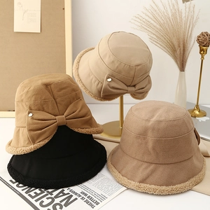 Women Bucket Hat Bow Tie Faux Lamb Wool Thickened Warm Autumn Winter Plush Basin Hat Elegant Japanese Style Accessories