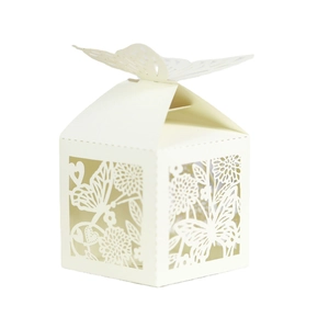 Detailed laser-cut ivory butterfly wedding favor box with intricate floral hollow pattern