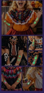 Glow-in-the-dark Day of the Dead temporary tattoos with skull and guitar patterns for kids