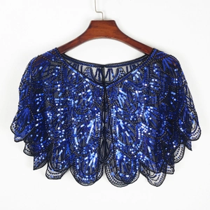 Short black mesh shrug with blue peacock sequin patterns and elegant beaded edges