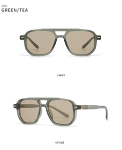 Detail view of green tea polarized sunglasses with matte frames and metal arrow accents