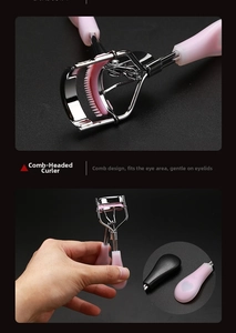 Close-up of eyelash curler with integrated comb and pink silicone pad for lashes