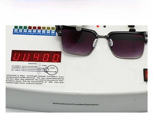UV400 protection test for square sunglasses with purple gradient lenses and black half-frame