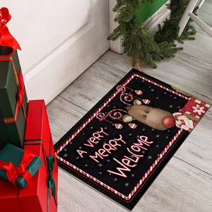 Christmas reindeer welcome mat with red plaid border and festive holiday decor