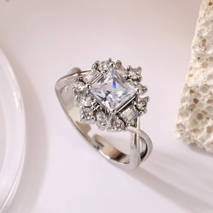 Elegant silver open ring with square zircon center and sparkling pave accents