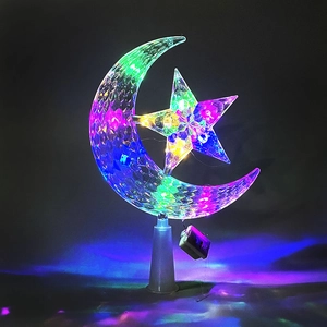 Detailed LED moon and star tree topper with colorful lights and clear diamond texture