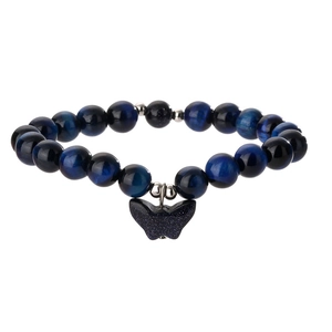Detail of blue tiger eye and blue goldstone beaded bracelet with silver butterfly charm