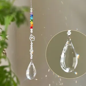 Rainbow crystal suncatcher with hollow paw print pendant and teardrop prism for garden