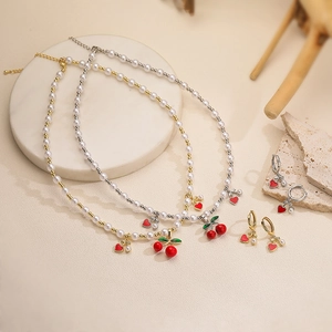 Cherry Jewelry For Women Copper Enamel Heart Artificial Pearl Necklace And Hoop Earrings Sweet Elegant Fruit Accessory