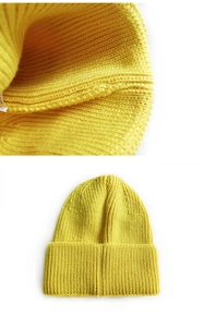 Detailed macro view of inner stitching and front flat lay of yellow knit beanie cap