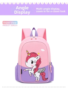 Detailed view of kids unicorn backpack with pink shoulder straps and side mesh pocket