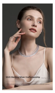 Macro detail of multi-layered S925 sterling silver choker necklace with sparkling zircons