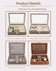 Close-up details of wooden jewelry storage boxes with multi-slot velvet lining and glass lid.