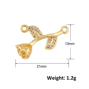 Golden rose-shaped jewelry pendant with micro-rhinestones, 21x13mm size, 1.2g weight