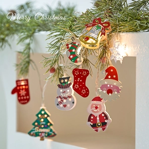 LED String Lights Christmas Ornaments Iron Plastic Santa Snowman Tree Bell Socks Gloves Snowflake Festive Home Decor