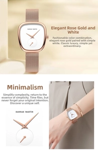 Makroaufnahme der roségoldenen Mesh-Uhr mit minimalistischem Zifferblatt und Armband