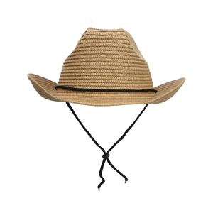Classic straw cowboy hat with black decorative band and adjustable chin strap