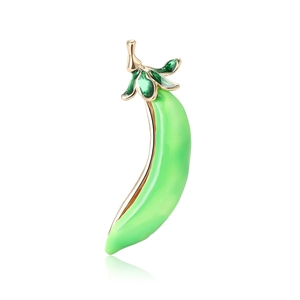 Fashionable green enamel pea pod brooch in gold alloy finish on a white background