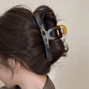 Détail de la pince à cheveux écaille de tortue avec logo sur les cheveux du mannequin