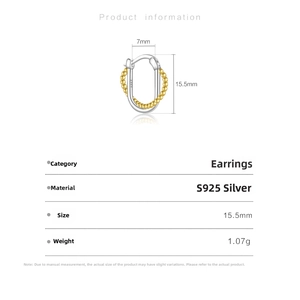 Detail view of S925 sterling silver hoop earrings with gold bead accents and dimensions