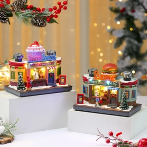 Rotating Christmas musical box miniature burger shop with warm LED lights and festive decor