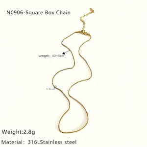 Detail view of 1.3mm wide gold 316L stainless steel box chain necklace with 40+5cm length