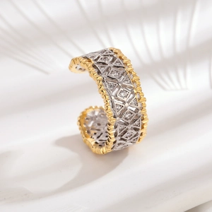 Italian-style honeycomb engraved hollow ring in dual-tone gold and silver finish