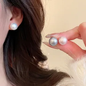 Elegant round pearl stud earring set in white pink and grey with high mirror luster finish