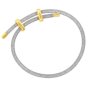 Adjustable silver mesh bracelet featuring golden slide buckles and cylindrical end caps