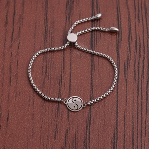 Polished silver stainless steel Bagua Tai Chi charm bracelet with adjustable chain