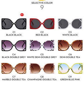 Nine color options for cat-eye sunglasses including tortoiseshell, black and gradients