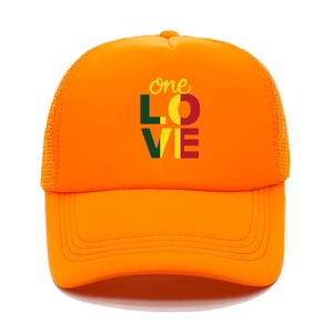 Front view of bright orange trucker hat featuring one LOVE colorful printed design